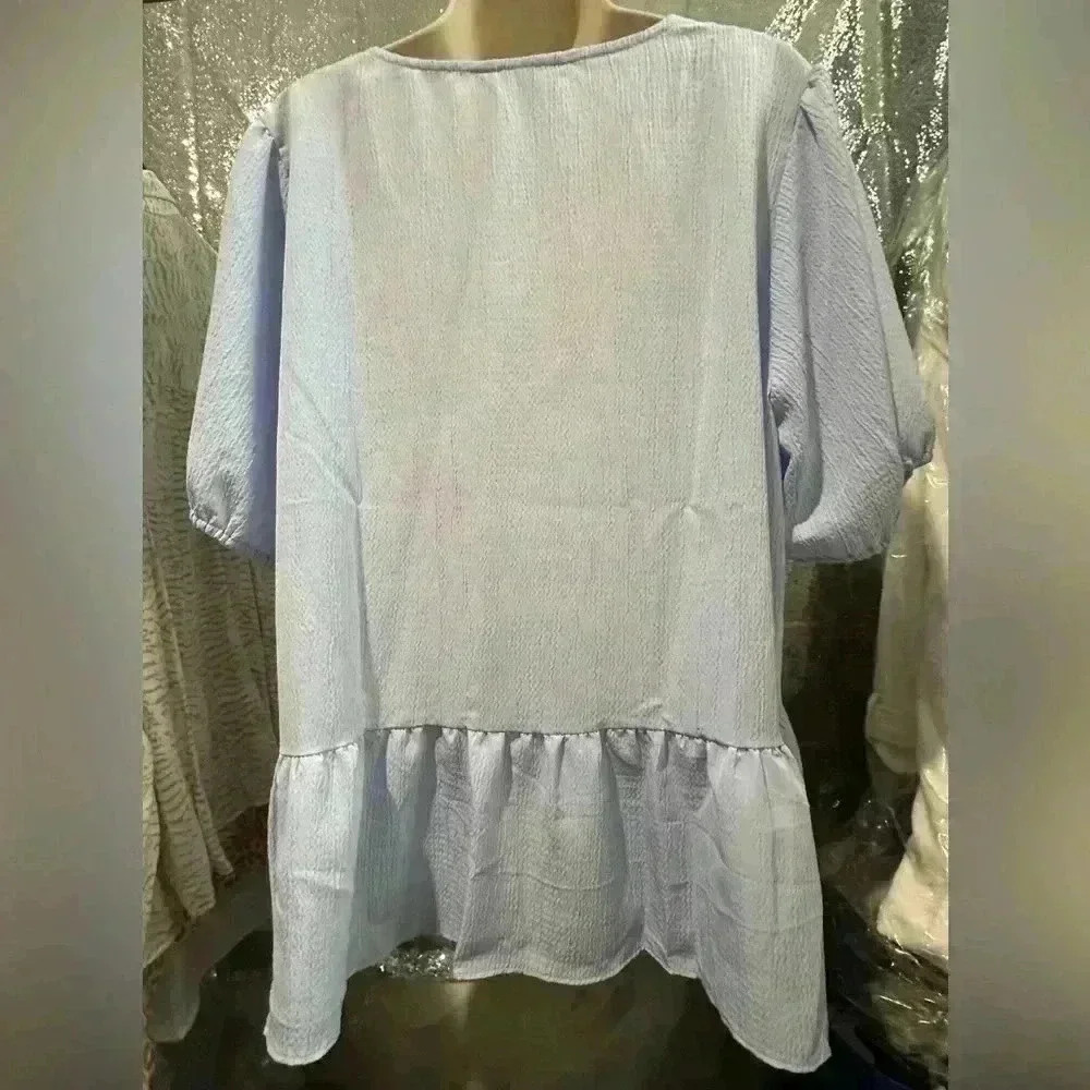 Nine West Women's Light Blue Puff‎ Sleeve Babydoll Blouse - Picture 3 of 12
